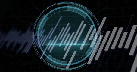 Statistical data processing and cyber security text over round scanner against black background