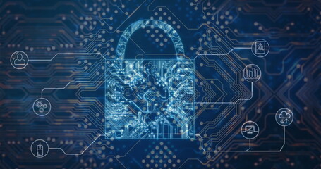 Image of integrated circuit and digital padlock over navy background