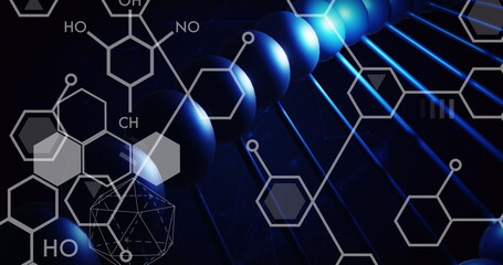 Image of dna rotating over chemical formulas on black background