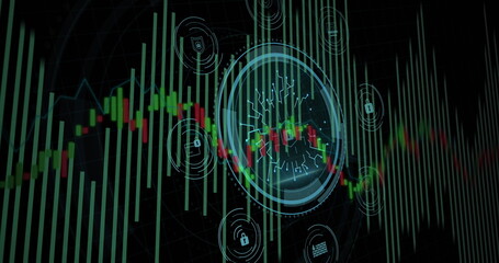 Statistical data processing and cyber security text over round scanner against black background