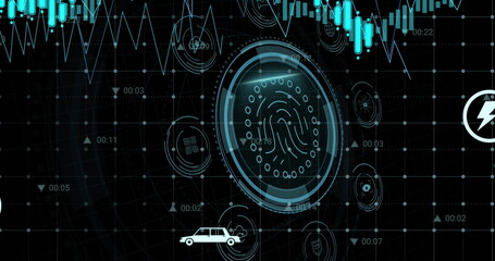 Image of data protection and fingerprint in circle over graph on black background