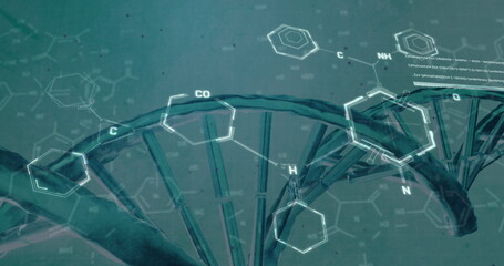 Image of chemical structures and data processing over dna strand spinning