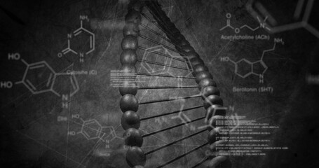 Image of chemical structures and data processing over dna strand spinning