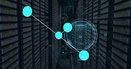 Network of connections and cyber security text over round scanner against computer server room