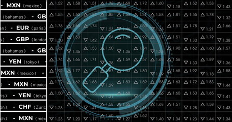 Cyber security text over round scanner against stock market data processing on black background