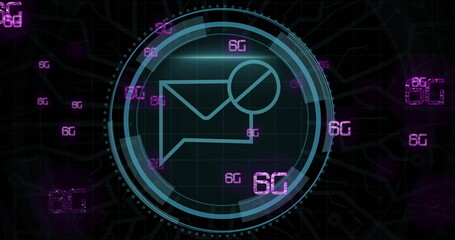 Image of cyber security and email in circle over 6g on black background