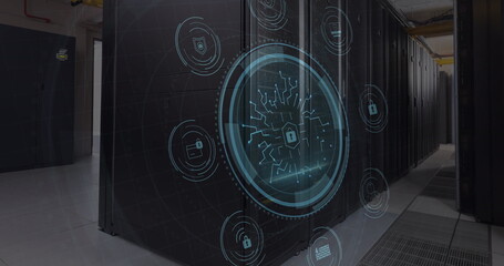 Cyber security text over round scanner against empty computer server room