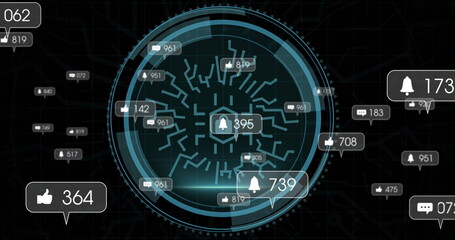 Speech bubbles with increasing numbers and cyber security text on round scanner on black background