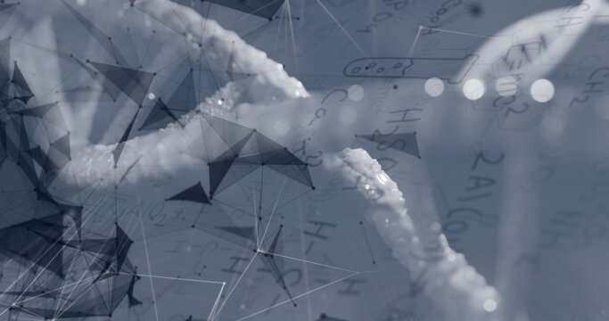 Image of dna rotating over shapes and chemical formulas on grey background - Powered by Adobe