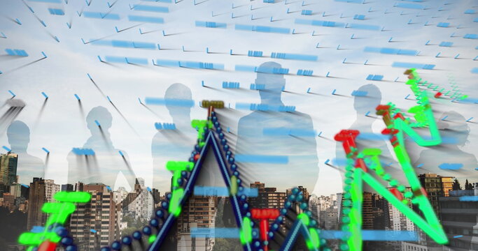 Financial data processing over silhouette of businesspeople against aerial view of cityscape