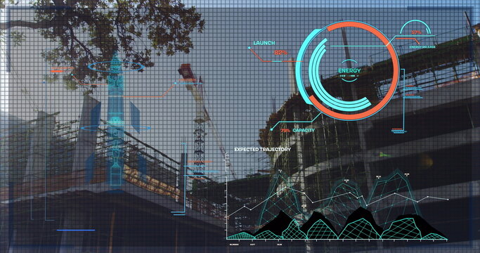 Digital interface with data processing against construction site in background