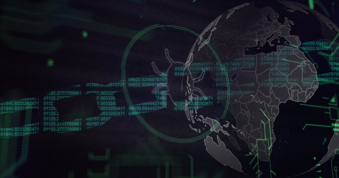 Spinning globe and microprocessor connections over security chain icon against black background