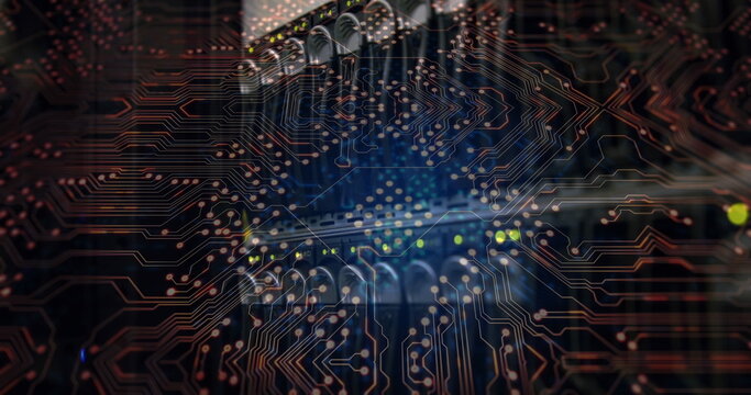 Image of integrated circuit over servers - Powered by Adobe