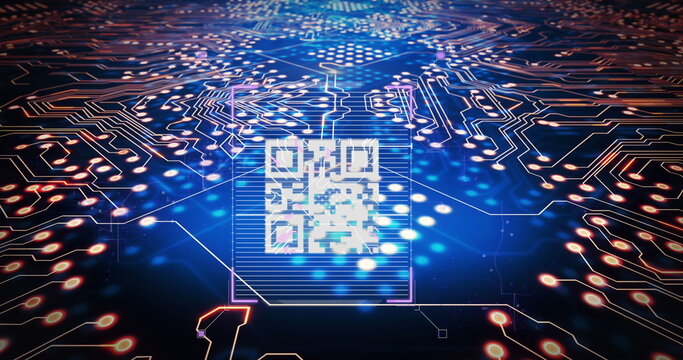 Image of integrated circuit and qr code on navy background
