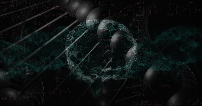 Image of dna rotating over brain on black background - Powered by Adobe