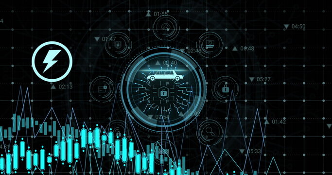Statistical data processing and cyber security text over round scanner against black background