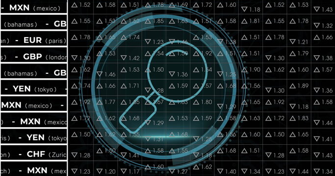 Cyber security text over round scanner against stock market data processing on black background