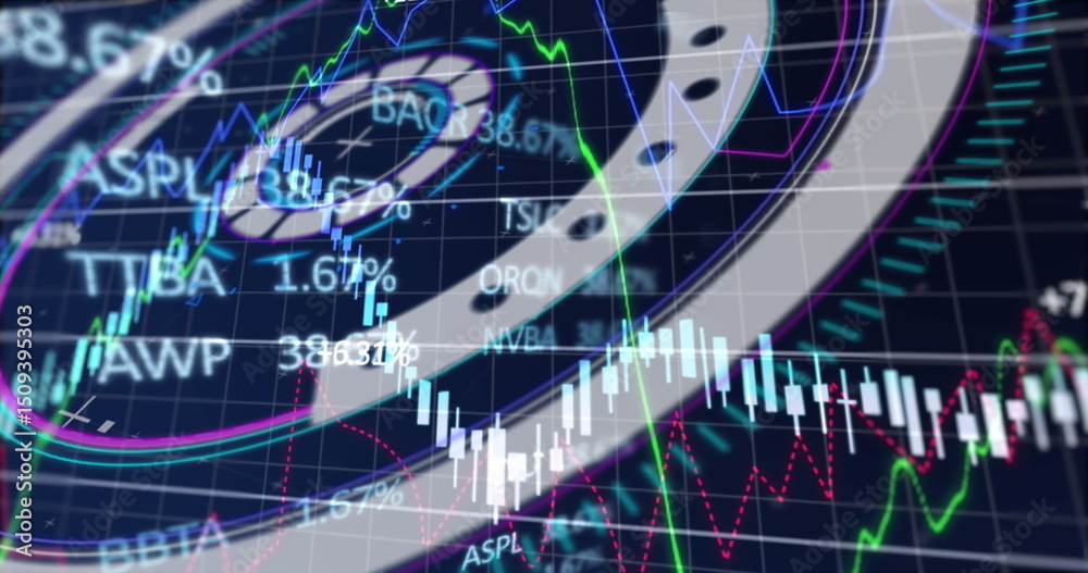 Poster image of financial data processing over scan scoping on blue background