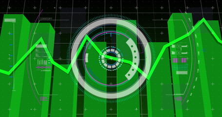 Green graphs over neon round scanner and data processing against black background