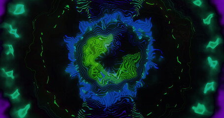 Image of moving waves and financial graphs over black background
