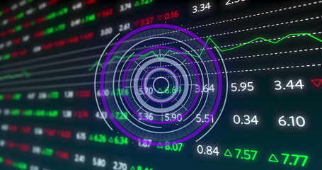 Image of processing circle and financial data on black background