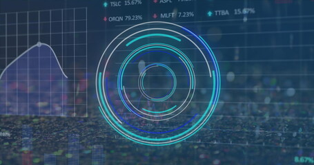 Image of processing circle and financial data on navy background