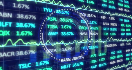 Stock market and statistical data processing over neon round scanner against blue background