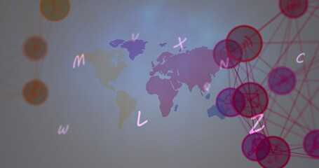 Image of two globes of digital icons and alphabets over world map against grey background