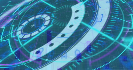 Digital image of neon round scanners over statistical data processing against blue background