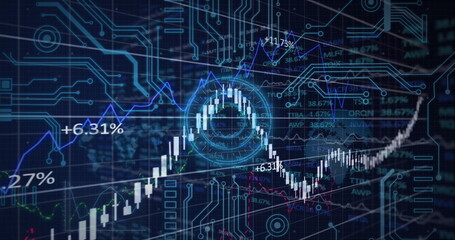 Microprocessor connections and financial data processing over neon round scanner on blue background