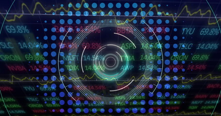 Round scanner over stock market data processing against blue background