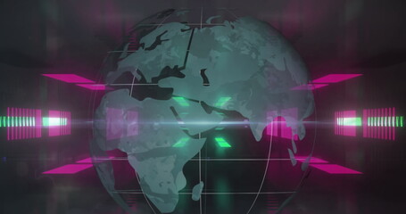 Digital image of spinning globe against neon tunnel in seamless pattern