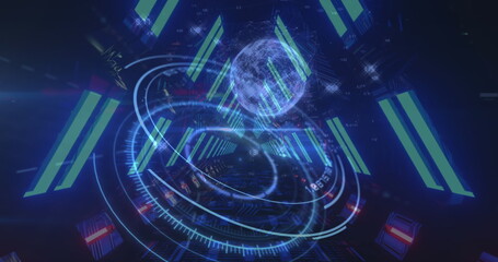 Image of globe, scope in blue neon tunnel