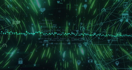 Globe of digital icons and light trails spinning over data processing against black background