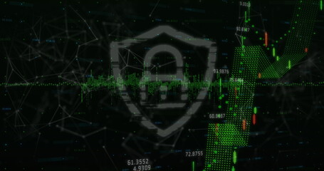 Financial data processing and security padlock shield icon against network of connections