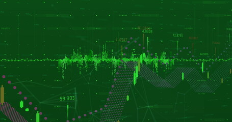 Obraz premium Financial data processing and network of connections against green background