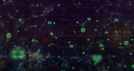 Image of network of connections with icons on black background