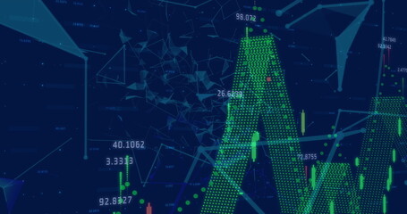 Digital image of financial data processing and network of connections against blue background