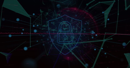 Obraz premium Security padlock shield icon over network of connections against black background