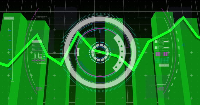 Green graphs over neon round scanner and data processing against black background - Powered by Adobe