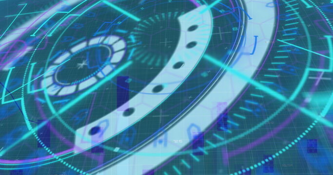 Digital image of neon round scanners over statistical data processing against blue background