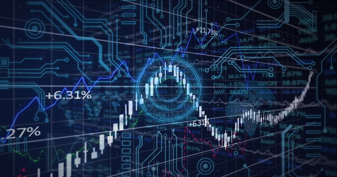 Microprocessor connections and financial data processing over neon round scanner on blue background - Powered by Adobe