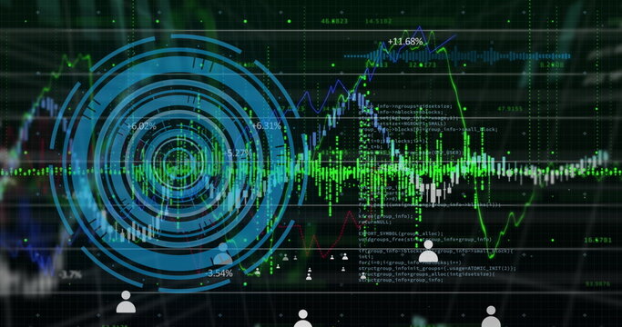 Financial data processing and multiple profile icons over neon round scanner on black background - Powered by Adobe