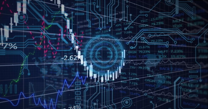 Microprocessor connections and financial data processing over neon round scanner on blue background