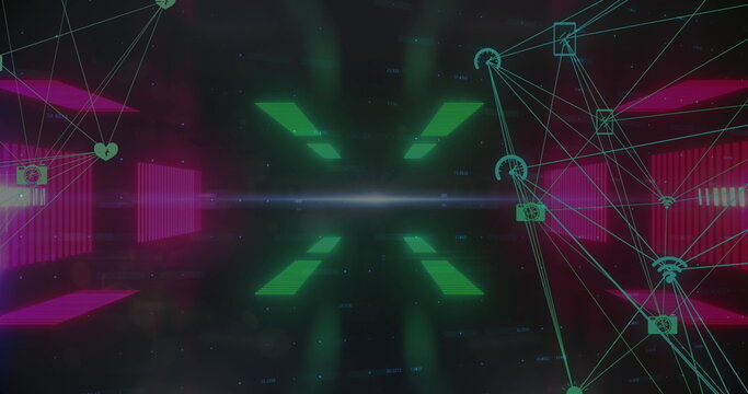 Financial data processing and globes of digital icons spinning against glowing tunnel