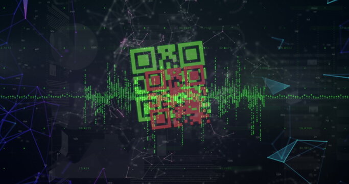 Qr code scanner, network of connections and data processing against black background