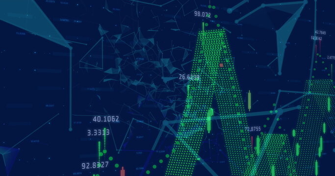 Digital image of financial data processing and network of connections against blue background - Powered by Adobe