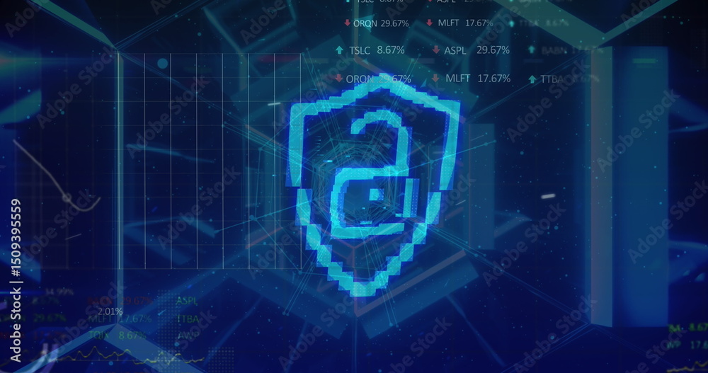 Poster image of tunnel made of hexagons, shield with padlock and data processing on navy background