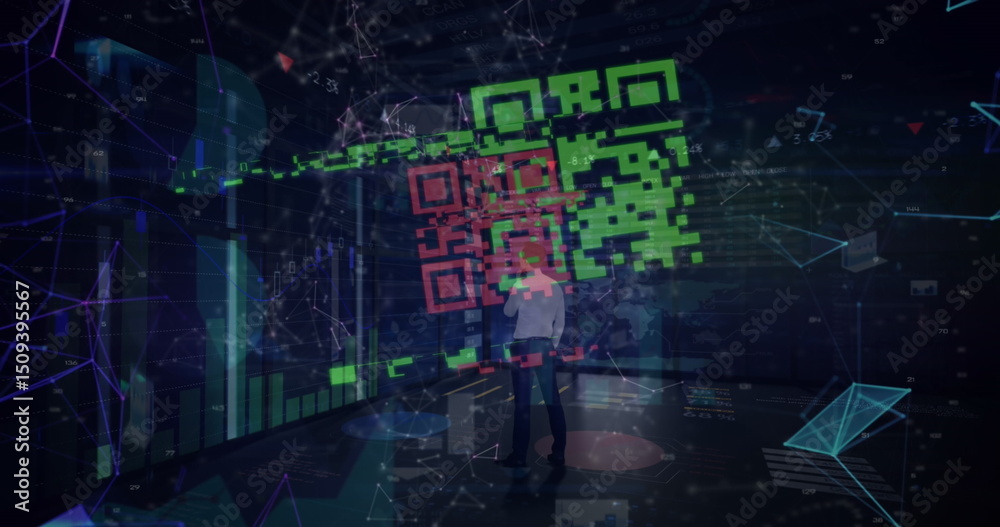 Poster qr code scanner and network of connections against thoughtful businessman and data processing