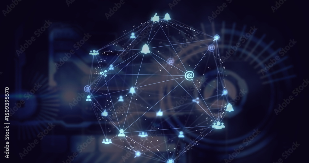 Poster globe of digital icons spinning over digital interface with data processing on black background